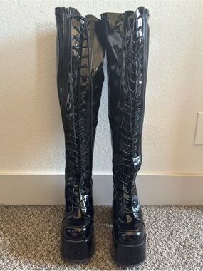 Demonia Camel 300 Black Patent Lace-Up Over-the-Knee Platform Boots